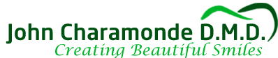 The image features a logo with text elements, including a name  John Charamonde DMD,  a title  Creator of Beautiful Smiles,  and additional text that reads  Dr. John Charamonde DMD.  The logo includes a graphic element resembling a smiley face with a green background.